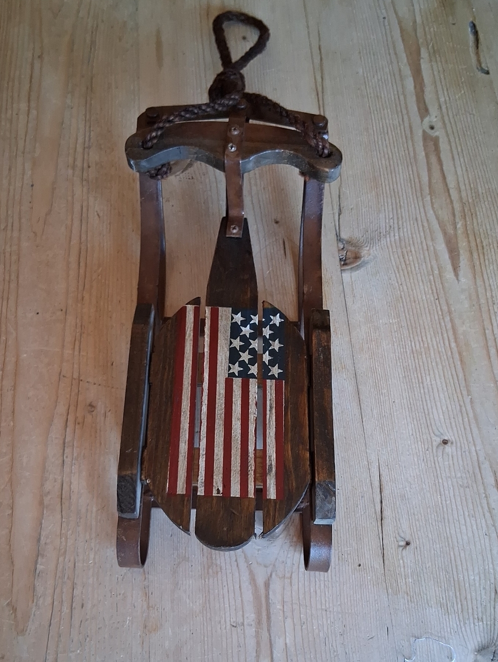Rustic Wooden Sled with American Flag Accent - Brown (Metal And Wood).